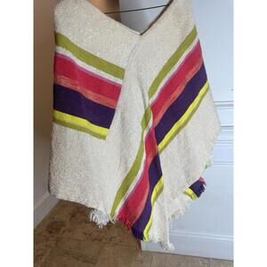 VTG Poncho Boho Knit Triangle Neon Yellow Pink Orange Stripe  MEDIUM Cotton